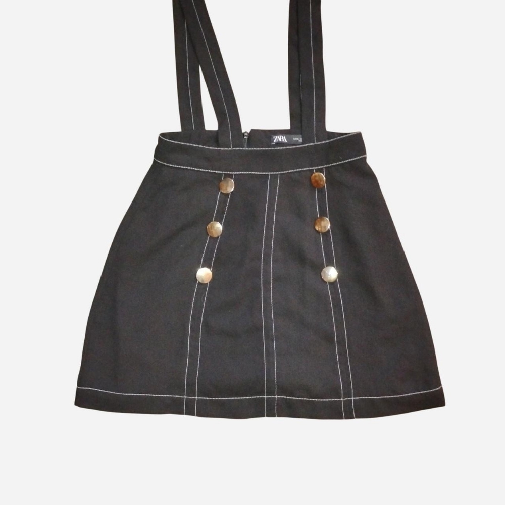 ZARA Black Contrast Stitch Pinafore Mini Skirt Gold Buttons XS - Picture 2 of 6